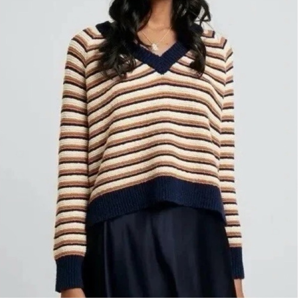 Madewell Arden V-Neck Crop Pullover Sweater Retro Stripe Multicolor Large